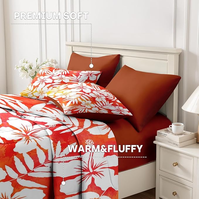 Nesker 5 Pcs Comforter Set Twin Size, Red Hibiscus Hawaiian Bedding Set for Kids and Adults, Flower Surf Floral Bed Sheet Sets with Fitted Sheet Pillowcases & Shams