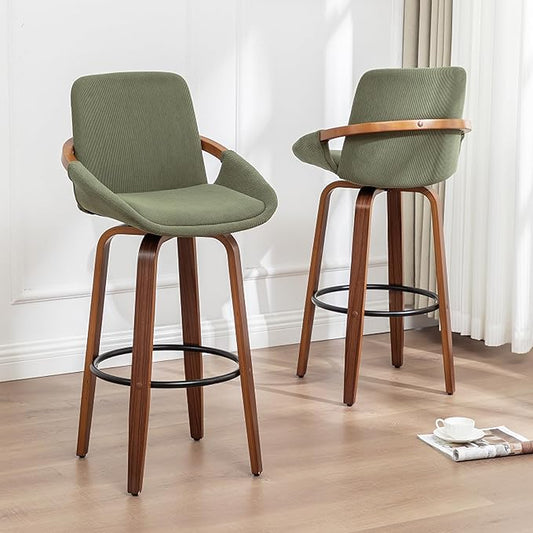 LUNLING 29.5" Bar Height Barstools Set of 2,Mid Century Modern Retro Bar Chairs Green Corduroy Fabric Upholstered and Walnut Wood Frame for Home Bar Furniture(Green)