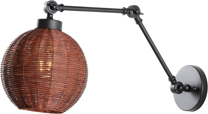 JONATHAN Y 22" Black/Dark Brown 1-Light Rattan and Iron Swing Arm LED Sconce, Mid-Century Vintage Bohemian Globe Wall Lamp, Adjustable Reading Light, LED Bulb Included JYL1604A