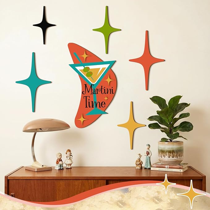 Amyhill 6 Pcs Mid Century Modern Decor Martini Time Mcm Decor Retro Atomic Star Wall Art Sculpture, Wooden Colorful Star Wall Art Elegance Accents for Home Bar Office Room Hanging Decorations
