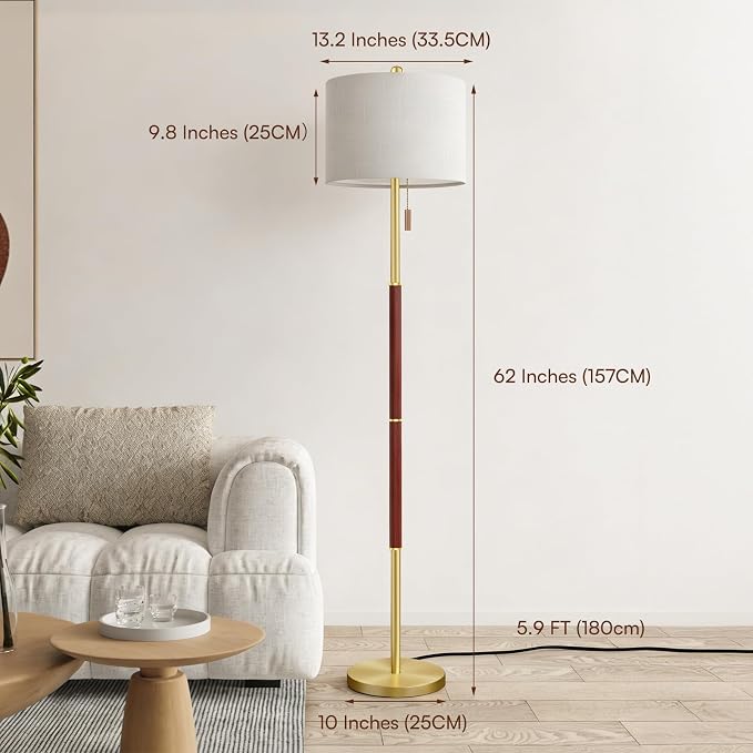 62" Mid Century Modern Floor Lamp,Burgundy Standing Lamp with 3-Color Temperature and Pull Chain, Weighted Anti-Tip Base for Safety, Floor Lamps for Living Room Bedroom Corner (6500K Bulb Included)