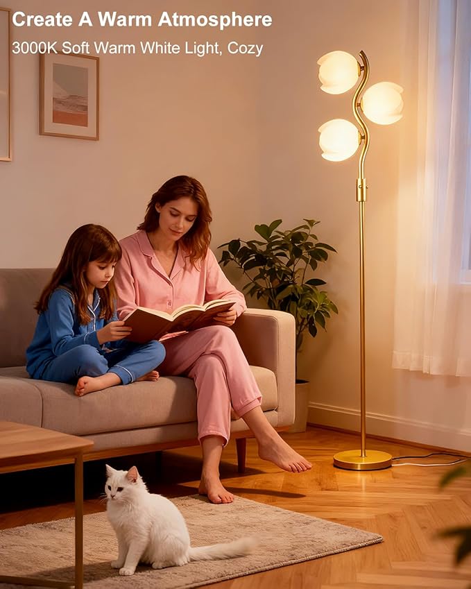 Lightdot 62IN Gold Floor Lamp Stepless Dimmable Bud-Shaped Floor Lamps with 3Pcs 3000K G9 Bulbs Included Eye-Friendly Mid Century Standing Lamps for Living Room/Bedroom/Sofa Beside/Corner Decor