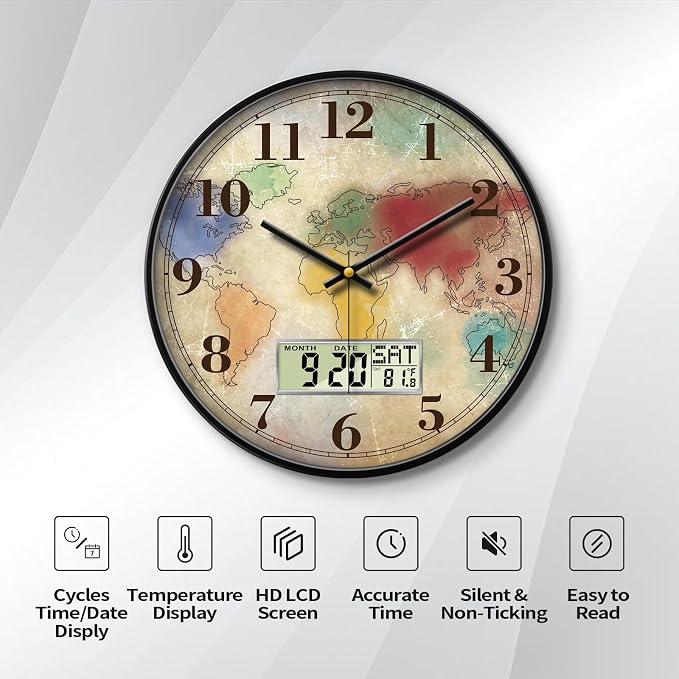 Vintage World Map Wall Clock, 12 Inch Silent Non-Ticking Battery Operated Analog Clock with LCD Date Day Temp Display, Decorative for Living Room, Bedroom, Kitchen, Study, Dining Room