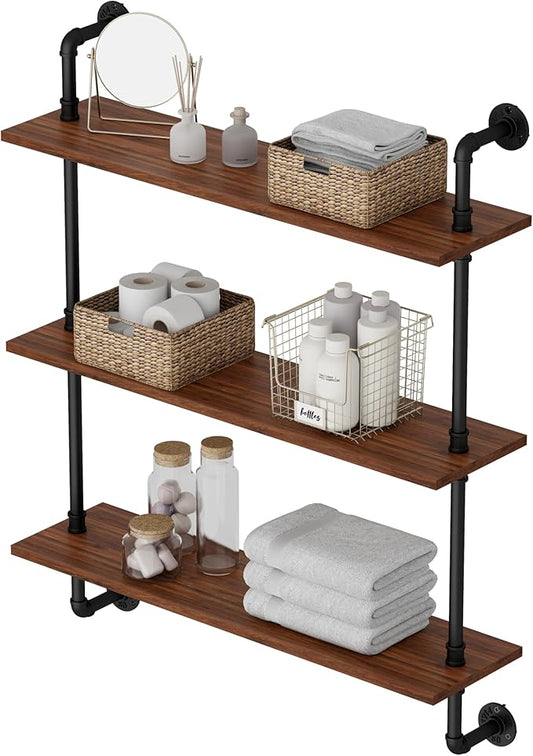 3-Tier Industrial Pipe Floating Shelf – Rustic 30 inch Wood Wall-Mounted Storage Shelf for Kitchen Office,Bathroom & Home Decor -Walnut
