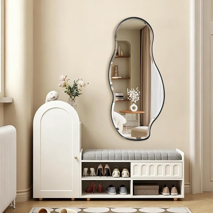 POZINO Irregular Beveled Mirror, 40"x18" Asymmetrical Vanity Wall Mirror with Black Metal Frame, Organic Shape Mirrors for Entryway Bedroom Bathroom Living Room, Horizontal/Vertical Hanging