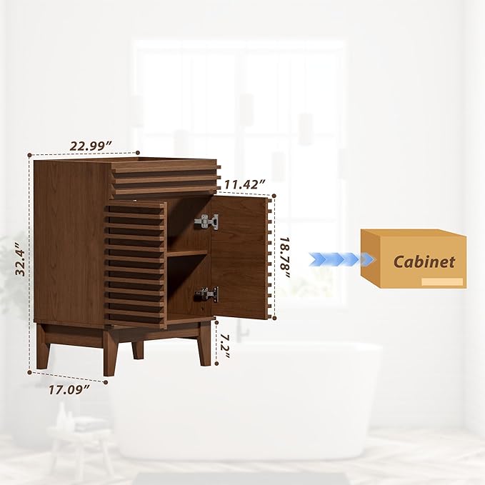 APRILSOUL 24" Bathroom Vanity, Mid-Century Bathroom Vanity Cabinet with 2 Soft Closing Doors, Freestanding Bathroom Cabinet, Particleboard Frame with Wood Grain Laminate, Walnut (Sink Not Included)
