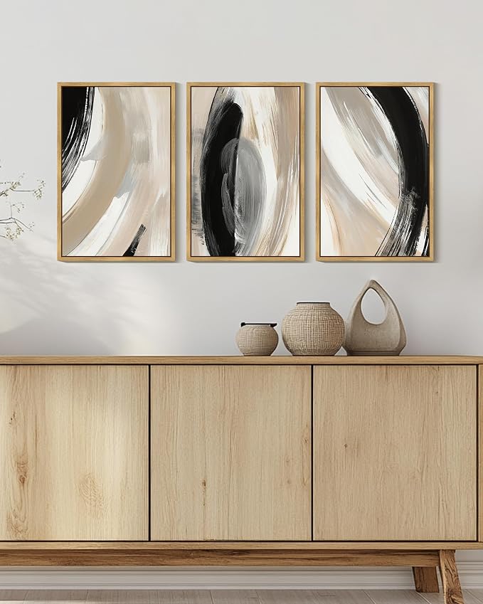KUVIOKE Black Abstract Framed Wall Art Neutral Minimalist Graffiti Pastel Wall Decor Modern Illustration Art Painting for Bedroom Dining Room 16x24in (Natural Framed)