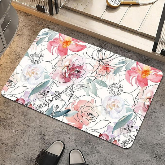 Bath Mat Rug,Pink Watercolor Peonies Non Slip Quick Dry Super Absorbent Thin Bathroom Rugs Fit Under Door-Easy to Clean Bathroom Floor Mats-Shower Rug for Shower Sink Bathtub(20" x 31"in)