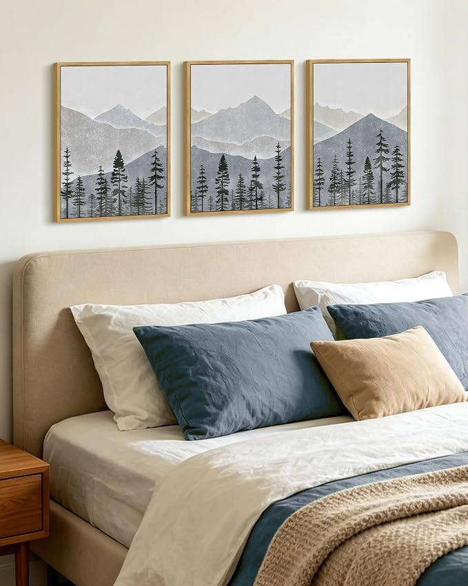 KUVIOKE Mountain Landscape Framed Wall Art Watercolor Nature Forest Painting Boho Farmhouse Rustic Room Decor for Bedroom Dining Room 12x16in (Natural Framed)
