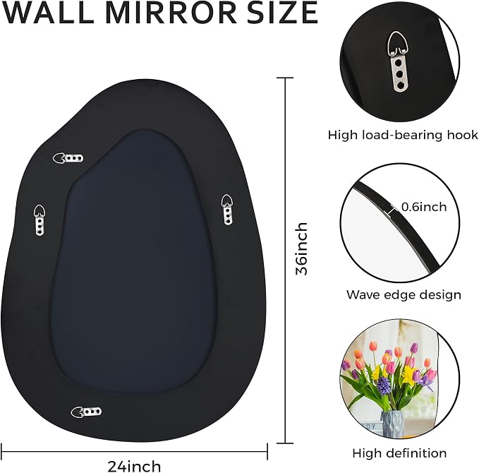 Irregular Wall Mirror 24x36 Inch,Asymmetrical Frameless Bathroom Mirrors with Tempered Glass for Bathroom Living Room Bedroom