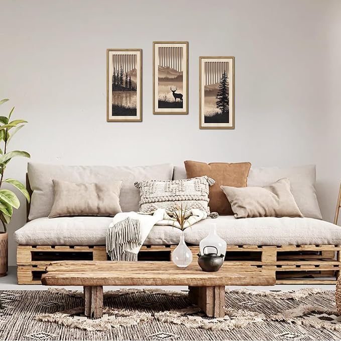HPNIUB 3PCS Jungle Animals Wall Decor,Rustic Mountain Forest Wooden Sign for Living Room,Silhouette Abstract Deer Pine Tree Hanging Wood Plaque Wall Art Nature Wall Sculpture for Home Office(8x16Inch)