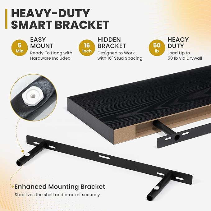 24 Inch Floating Shelves, 9.3" Deep Floating Shelf Wall Mounted, 24" Wall Shelves, Rustic Deep Bookshelf, Large Display Shelves & Storage Shelves for Bedroom, Living Room, Black, Set of 2