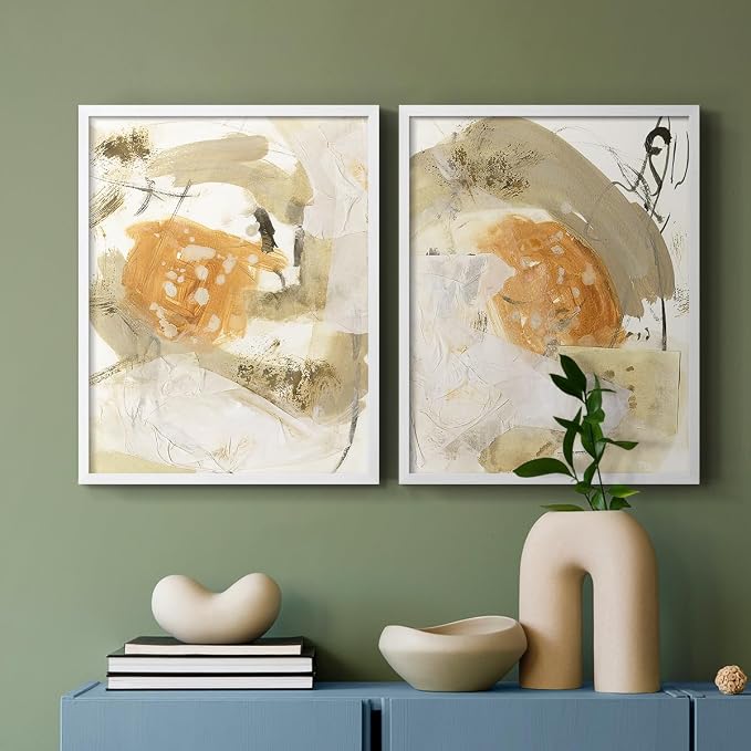 Renditions Gallery Set of 2 Peel & Stick Framed Prints, Neutral Abstract Wall Art, Earthy Tones Blended Brushstrokes Wall Decor, Re-Stickable - Ready to Hang - 22"x28" - White Frame LT588