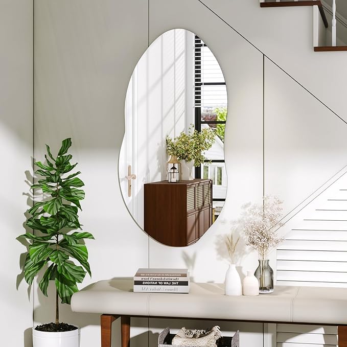 Irregular Wall Mirror, 36 x 20 Inch Asymmetrical Frameless Mirror for Bathroom, Living Room, Bedroom, Modern Abstract Vanity Mirror with Shatter-Proof Glass