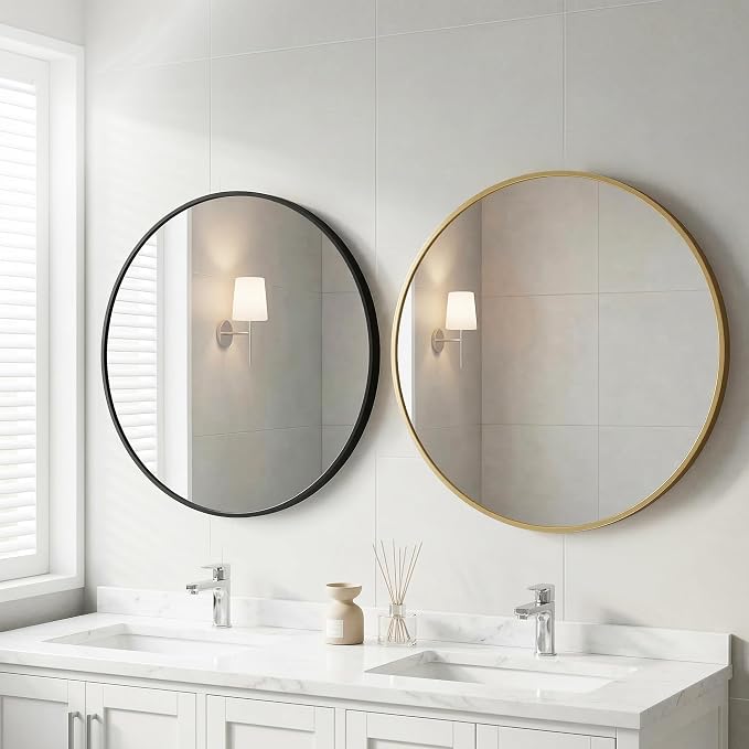 30 Inch Black Round Bathroom Wall Mirror, Round Mirrors for Wall Decor, Circle Mirror for with HD Shatter-Proof Glass for Entryway, Living Room, Bedroom, Dressing Room, Home Decor