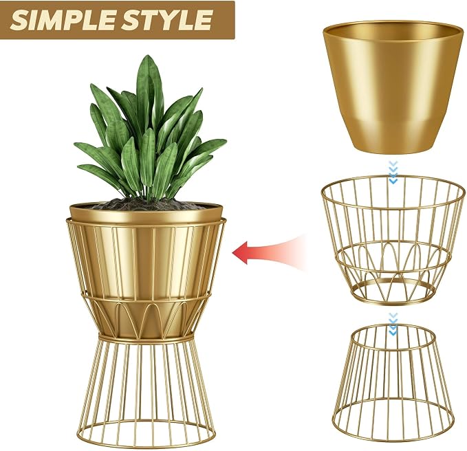 Planter with Stand Gold Metal Plant Pot with Stand - 12 Inch Unique Modern Flower Pots Indoor with Gold Plant Stand with Drainage, 2 Pack