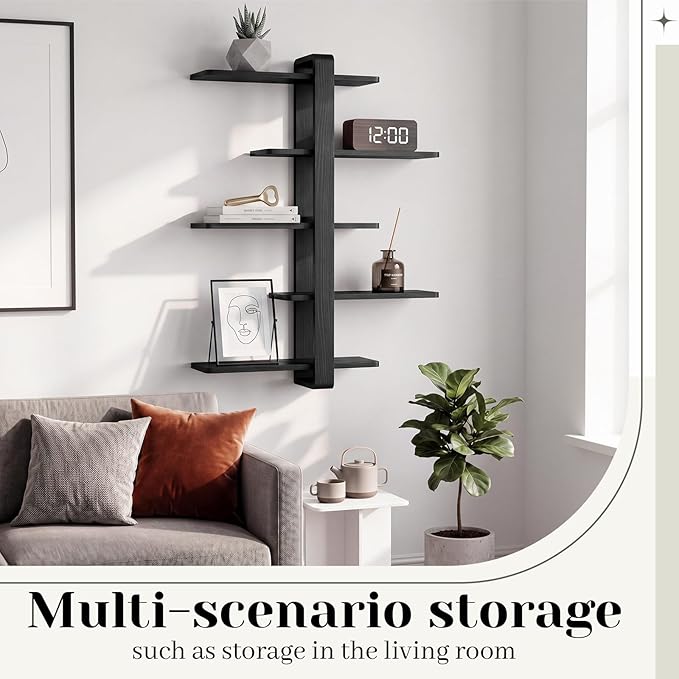 Pinkunn Floating Shelves for Wall, 5 Tier Wall Mounted Shelf Unit with 19.7 Inch Pine Wood Shelves and Black Frame, Decorative Plant Photo Book Display Shelf for Living Room Bedroom Bathroom