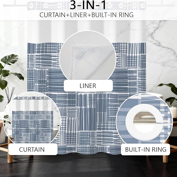 No Hook Geometric Shower Curtain with Snap in Liner - Gray Blue Modern Geometric Design, Waterproof Fabric Shower Curtains for Modern Bathroom with Mesh Top Window, 71x74 Inch