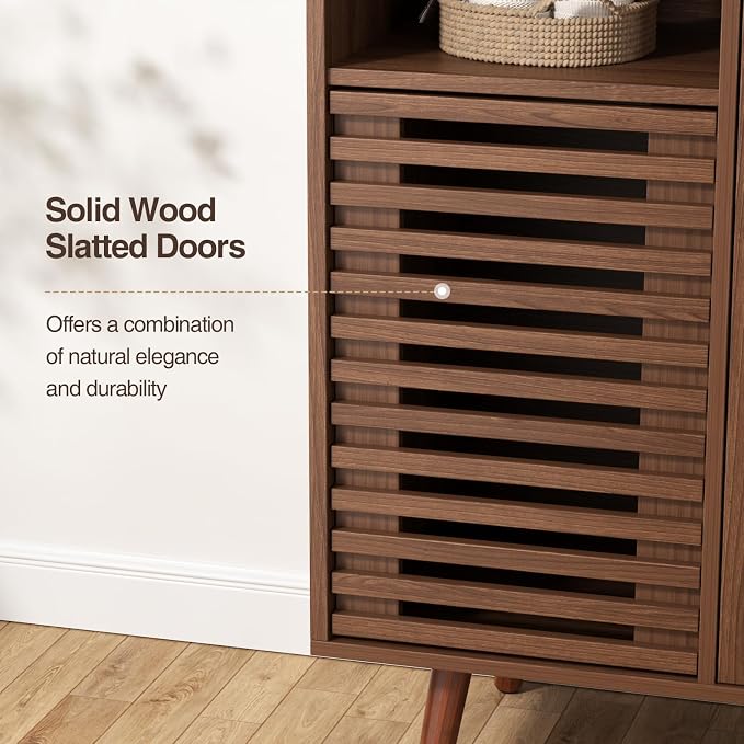 FiveWillowise Storage Cabinet with slatted Door, Tilt Out Trash Can Cabinet for 10 Gallon Wooden Dog-Proof Recycling Bin with Hidden Laundry Basket for Kitchen Island and Dining Room, Walnut