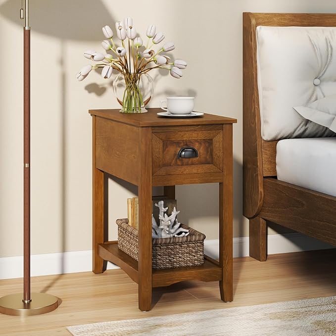 Giantex End Table with Drawer, Retro Narrow Side Table, Nightstand with Solid Wood & Storage Shelf, Bedside Table for Living Room Bedroom Small Space Home Office (2, Tawny)