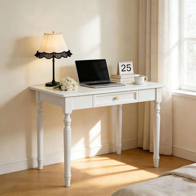 Solid Wood Writing Desk with Drawers – Small Computer Desk for Home Office, Study, Gaming, or Bedroom, 31.5'' x 23.6'' x 29.5'' (White)