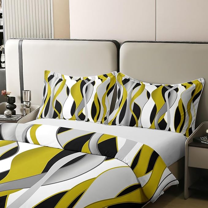 Erosebridal Grey Black Yellow 100% Cotton Duvet Cover Full Geometric Striped Abstract Bedding Set for Kids Teens Adults Abstract Wave Stripes Comforter Cover Contemporary Minimalist Bed Set 3 Pcs