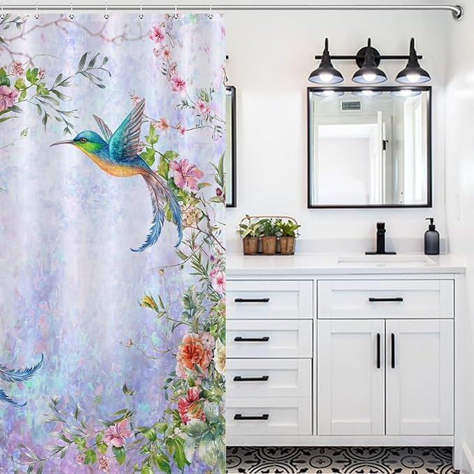 Hummingbird Flower Shower Curtain for Girls,Purple Watercolor Floral Bird Nature Plant Waterproof Shower Curtains for Bathroom Decor 12 Pack Hooks 55x72in（140x183cm）
