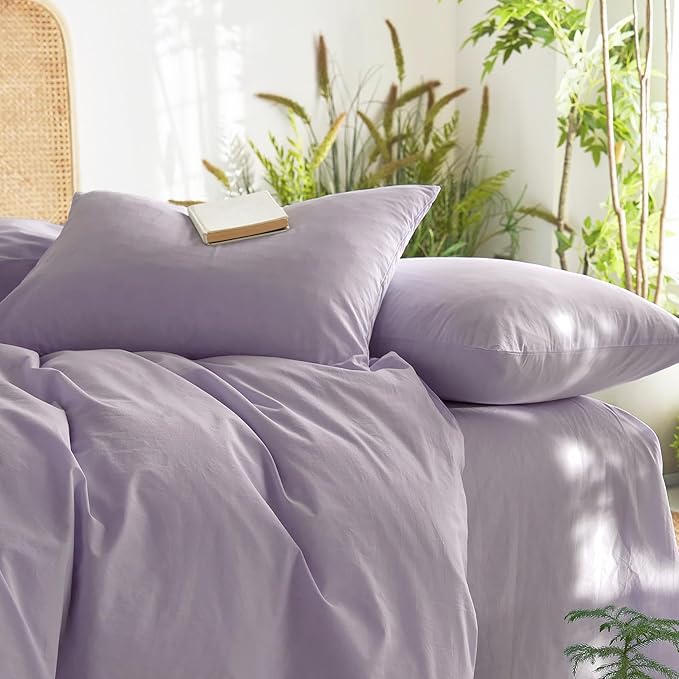 Wake In Cloud - Cotton Duvet Cover Set, 100% Washed Cotton, Linen Like Textured, Breathable Durable Comfy Farmhouse Neutral Bedding Set, 3 Pieces, Light Purple, Twin/Twin XL Size