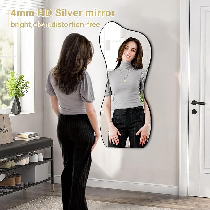 Large Irregular Wall Mirror 47.2"x22", Unique Shaped Black Asymmetrical Mirror, Modern Oblong Wavy Mirror for Living Room,Bathroom,Entryway,Dining Room