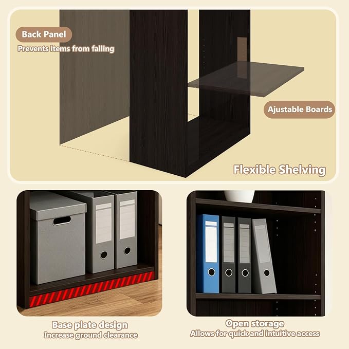 CTESNE【2026 Adjustable Shelves 5-Tier Bookcase, 71 inches, Wooden Open Display Floor Bookshelf (Chocolate Color)