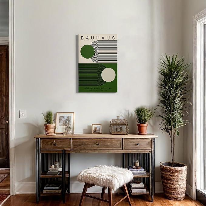 Minimalist Green Bauhaus Wall Art Abstract Geometric Prints Boho Neutral Picture Bauhaus Exhibition 1923 Poster Mid Century Modern Painting Green and Beige Canvas 16x24inch Wood Framed