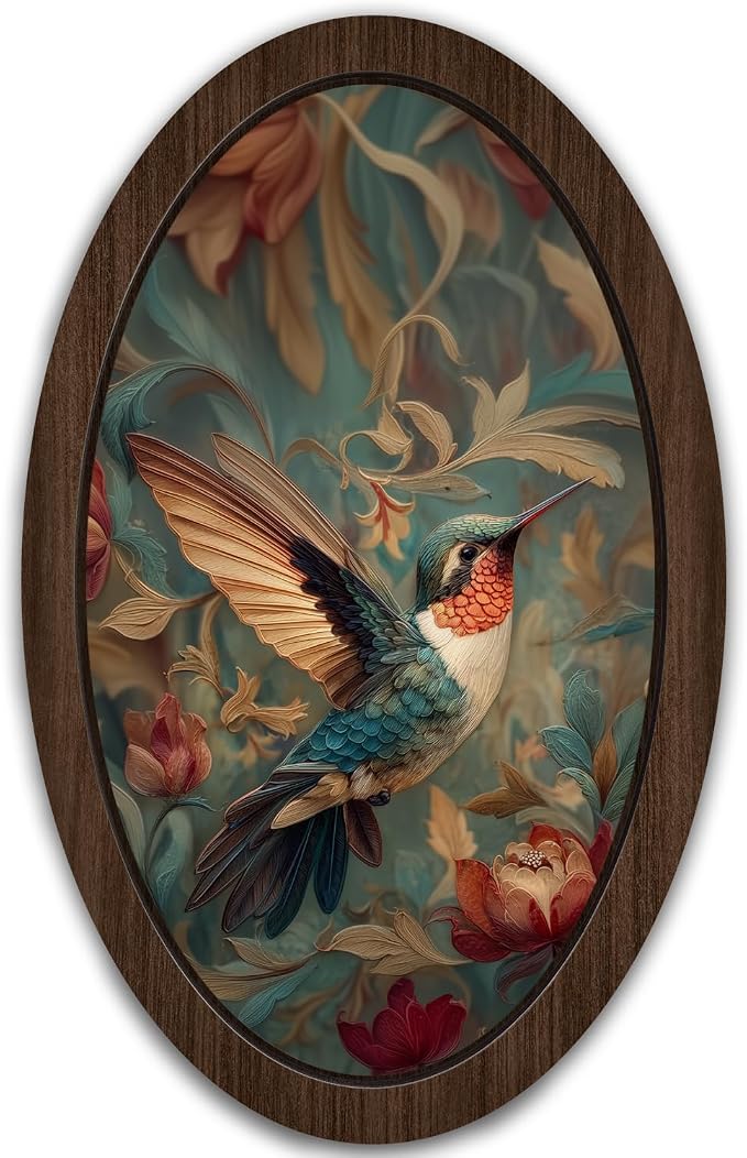 UYIKG Vintage Hummingbird Wall Art Decor,Floral Bird Hummingbird Oval Wall Decor,Rustic Cottagecore Animal Botanical Oval Wooden Framed Decorations for Home Theme Room Bedroom Living Room 9x14.6 in