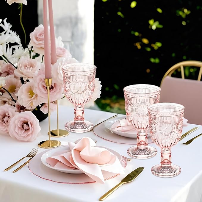 Pink 24 Pack Vintage Wine Glasses, Plastic Reusable 12 Ounce Colored Water Goblets, Unique Flower Embossed Pattern Unbreakable Stemmed Wine Glasses High Clear Wedding Party Bar Drinking Cups