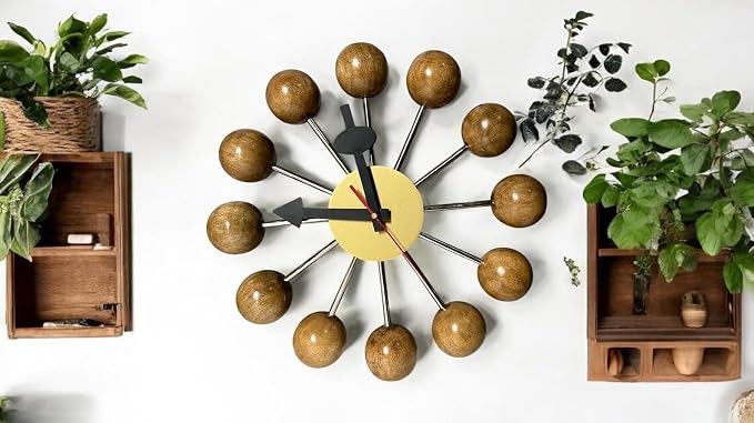 Mid Century Modern Ball Clock: George Nelson Style Wood Wall Decor (Natural, 18 Inch)