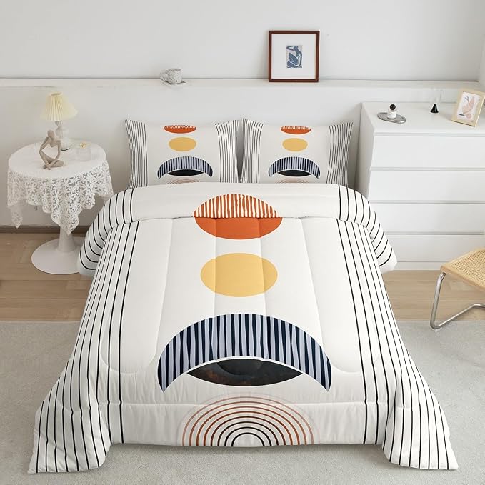 Erosebridal Modern Moon Print Comforter Set King Mid Century Bedding Set, Abstract Art Bedding Comforter Sets Geometric Stripe Duvet Sets, Aesthetic Quilted Comforter