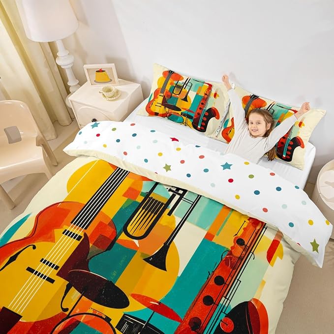 Erosebridal Retro Music Bedding Set Full for Kids Adults - Abstract Musical Instrument Duvet Cover Mid Century Modern Jazz Comforter Cover,Trendy Geometric Square Bed Set