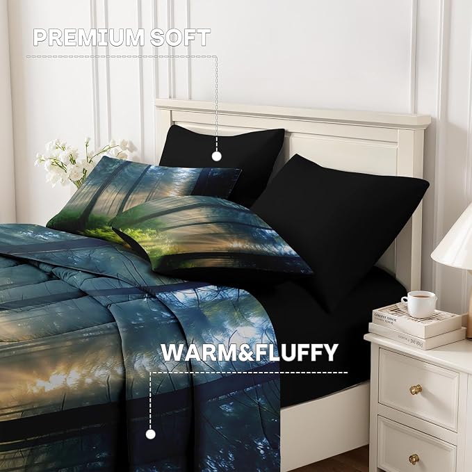 Nesker Comforter Set King Size, Sunlit Forest Nature 7 Pcs Bedding for Kids and Adults, Misty Tree Forest Bed Sheet Sets with Fitted Sheet 2 Pillowcases & 2 Shams