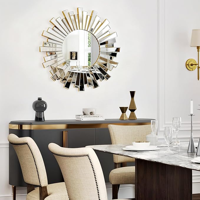 Gold Sunburst Mirror, 26" Sun Mirror Wall Decor with Beveled Glass Frame, Starburst Mirrors for Entryway, Dining Room, Living Room