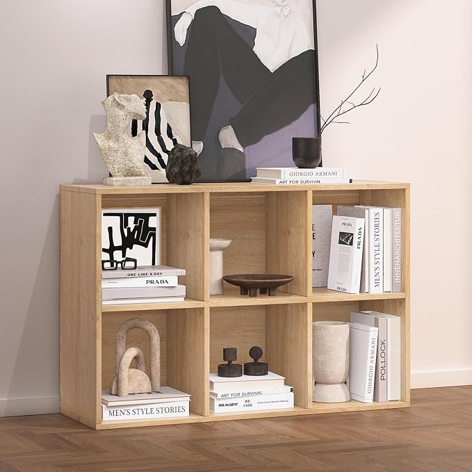 Wooden 6 Cube Storage Organizer with Closed Back Panel,Oak Cube Shelf Heavy Duty Cubby Storage Organizer with Compartments for Living,Display Shelf,Bookshelf