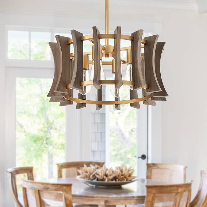 Industrial Wood Chandelier, with Antique Brass Brush Paint Finish Shade Pendant Lighting Fixture for Dining Room Kitchen Island Living Room Bedroom 4-Light
