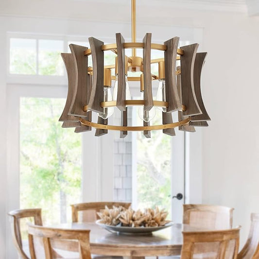 Industrial Wood Chandelier, with Antique Brass Brush Paint Finish Shade Pendant Lighting Fixture for Dining Room Kitchen Island Living Room Bedroom 4-Light