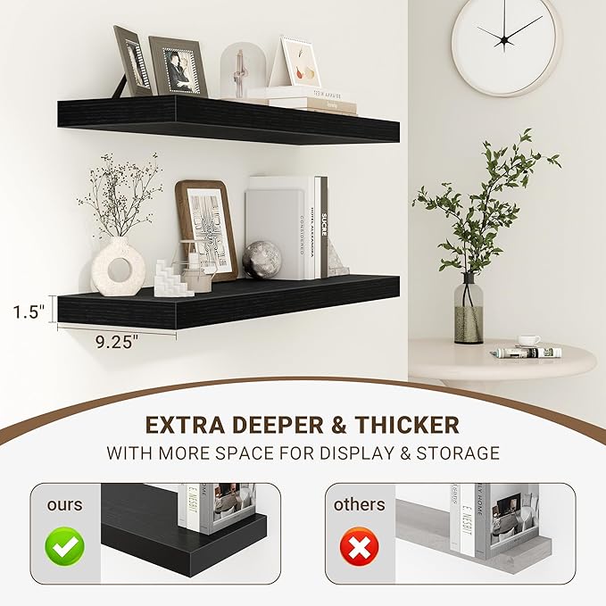 24 Inch Floating Shelves, 24"x9.25"x1.5" Inch Deep Floating Shelves for Wall, Wooden Shelves for Bathroom, Bedroom, Living Room, Black, 2 Pieces