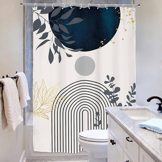 Riyidecor Extra Wide Boho Navy Blue Shower Curtain for Bathroom Decor 54Wx78H Short Plants Abstract Boho Modern Mid Century Art Printed Fabric Polyester Waterproof 12 Pack Plastic Hooks