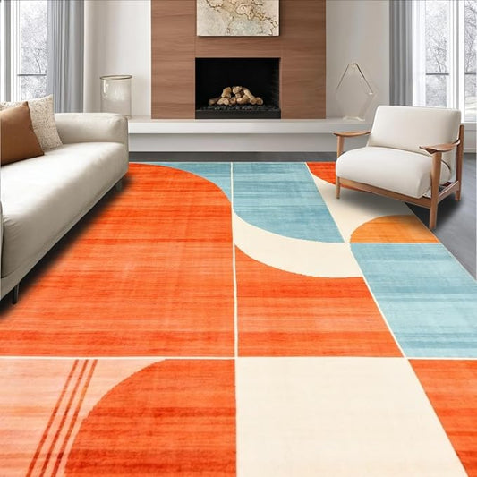 Flatwoven High Traffic Area Rug 4x6, Mid Century Modern Artistic Abstract with Geometric Elements, Non Slip, Stain Resistant, Washable Area Rugs for Living Room, Bedroom (Orange, 4x6)