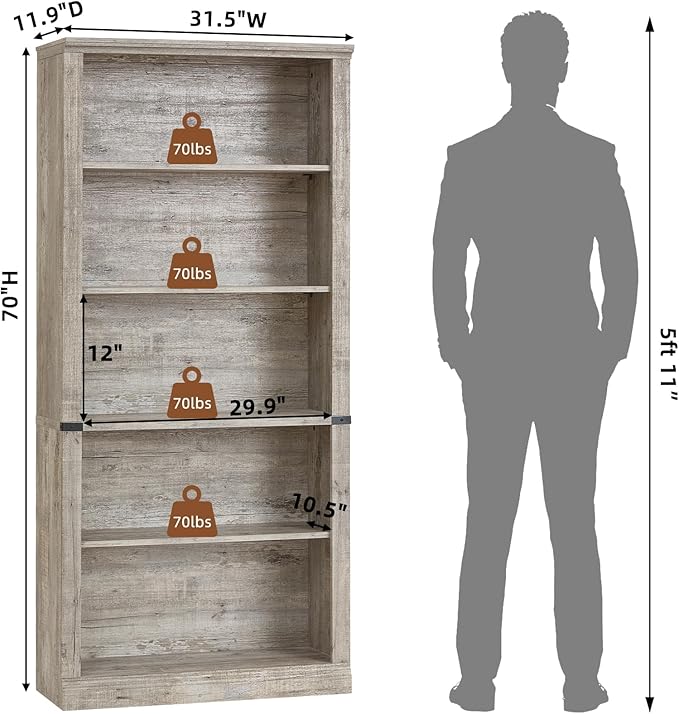 70" Grey Tall Bookshelf Set of 3,5-Tier Thick Wooden Book Shelf with Adjustable Shelves,Free Standing Farmhouse Bookcase with Open Display Storage,Floor Vintage Bookshelves for Living Room