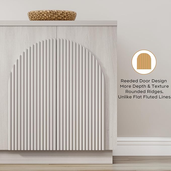 Yechen Accent Fluted Sideboard Buffet Cabinet with Arched Reeded Design Doors, Mid Century Modern Credenza Storage Cabinet with Adjustable Shelves, for Living Room Dinning Hallway, White Oak