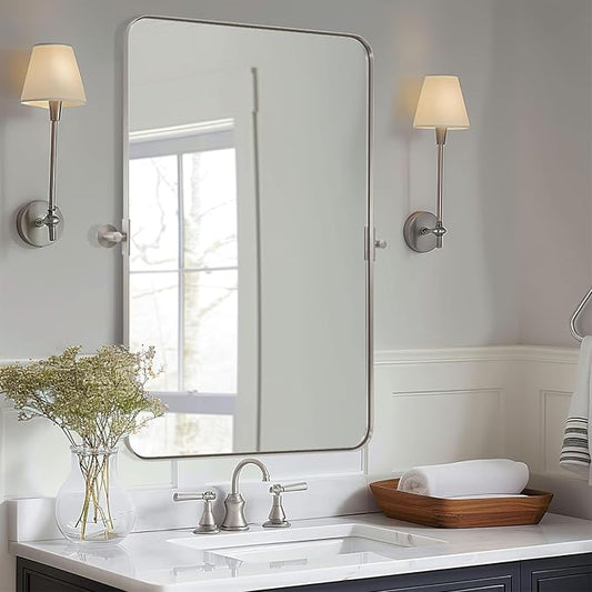 MOON MIRROR 20" x 28" Brushed Nickel Metal Framed Pivot Rectangle Bathroom Mirror, Silver Tilting Rounded Rectangular Vanity Mirror for Wall Mounted Hangs Vertical Only
