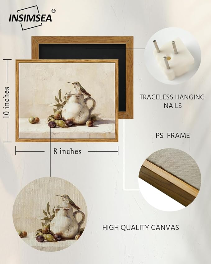 InSimSea Vintage Framed Wall Art Olives and bird Canvas Prints, Vintage Home Decor, Print Framed Painting Picture,For Living Room, Study, And Dining Room Wall Decor 10L x 8W