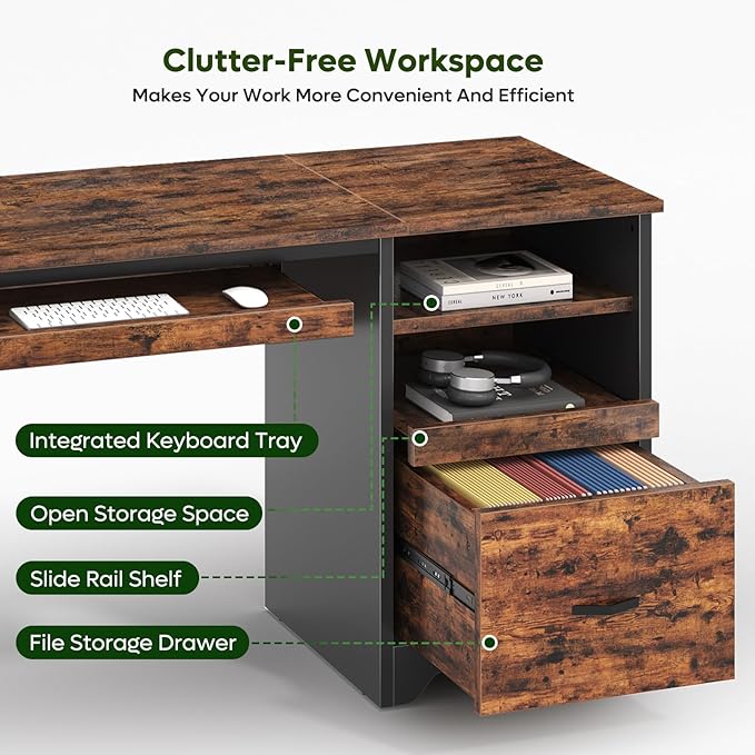 Bestier 47" Computer Desk with Drawers, Home Office Desk with Keyboard Tray, Reversible Industrial Office Desk with Storage Cabinet for Small Space Home Office & Studio, Rustic Brown