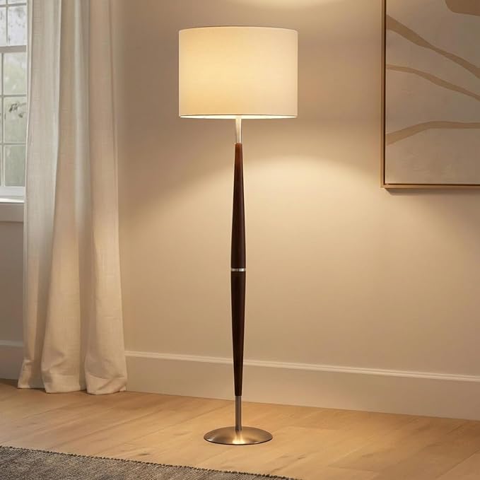 Brightech Lucas LED Floor Lamp, Modern Light for Living Rooms & Offices, Great Living Room Décor with Drum Shade & Handsome Wood Finish, Bohemian Standing Lamp for Bedroom Reading